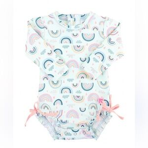 Ruffle butts baby  Long-Sleeve Rash Guard One-Piece in Pastel Rainbow